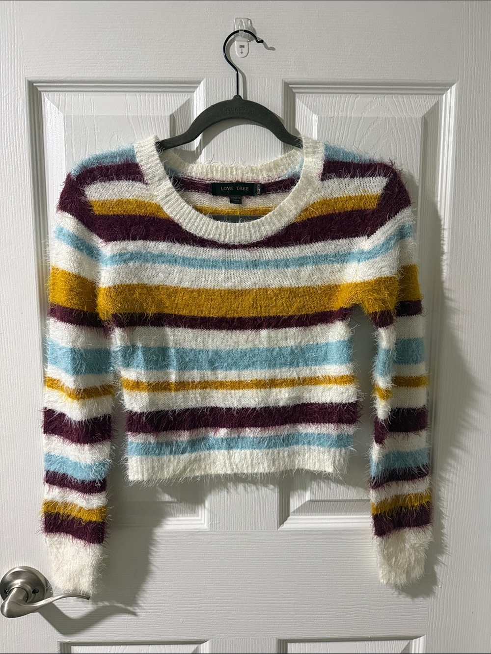Love Tree Fuzzy Crewneck Sweater in White, Mustard, Teal & Burgundy